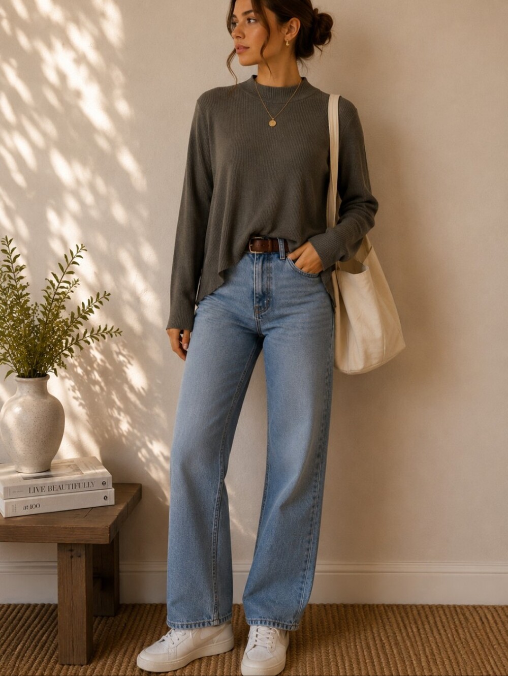 Anthropologie T.La Olive Green Flowy Trapeze Hem Long Sleeve Knit Top